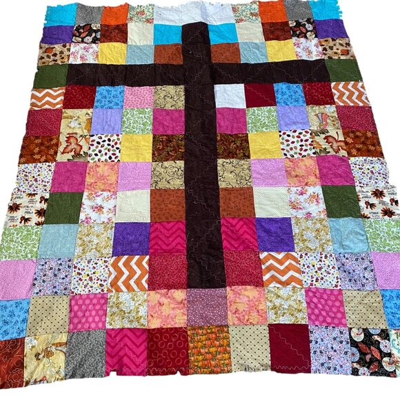 Handmade Patchwork Rag Quilt Multicolor Cross Design Shaggy Cotton Blanket 51x60 - Picture 2 of 8